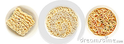 Instant ramen in white bowls, dried, cooked and freshly prepared cup soup Stock Photo