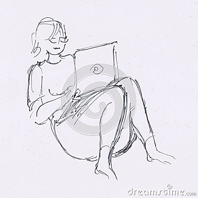 Instant sketch, woman working on computer Stock Photo