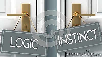 Instinct or logic as a choice in life - pictured as words logic, instinct on doors to show that logic and instinct are different Cartoon Illustration