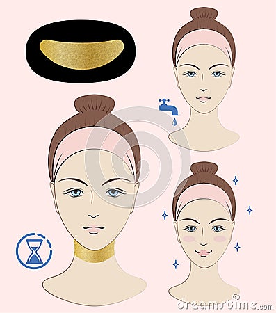 Instruction: How to apply anti wrinkles neck mask. Golden neck mask. Skincare. A vector illustration. Vector Illustration