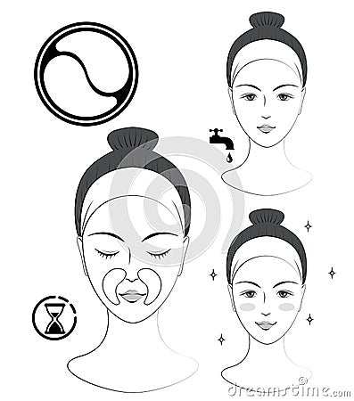 Instruction: How to apply nasolabial cosmetic patches. Skincare. Vector Illustration