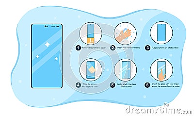 Instruction how to put a screen glass protector on the smartphon Vector Illustration