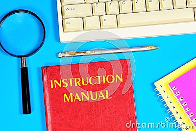 Instruction manual. Text label on the document folder. Stock Photo