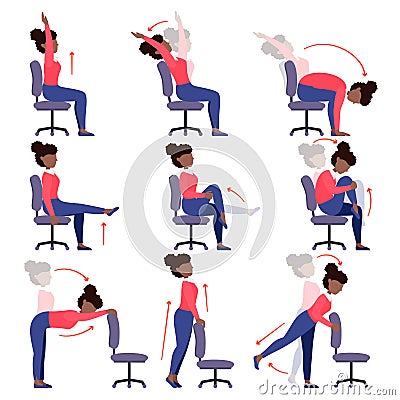 Instructions black girl doing office chair yoga. Vector Illustration