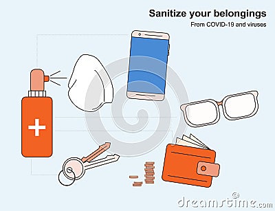 Instructions for the disinfection of personal items with viruses and Covid-19 are a phone, keys, money, a wallet and Vector Illustration