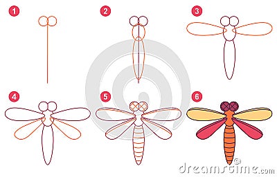 Instructions for drawing dragonfly. Step by step. Vector Illustration