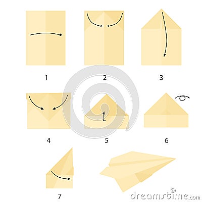 Instructions on how to make a paper airplane step by step. DIY paper crafts. origami. flying paper plane. tutorial. Vector Illustration