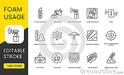 Instructions for using polyurethane foam, vector line icon set with editable stroke, Clean the surface and moisten with Vector Illustration