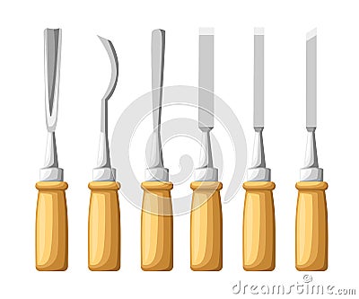 Instrument for carving. The chisels set on wood texture. Flat illustration Cartoon Illustration