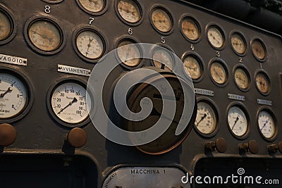 Instrument panel with pressure gauge of a control panel of an ancient power plant Stock Photo