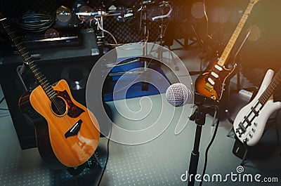 Instrument rock music / musical band at home audio record room / studio recording. Stock Photo