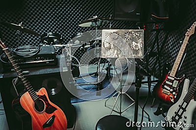 Instrument rock music / musical band at home audio record room / studio recording. Stock Photo