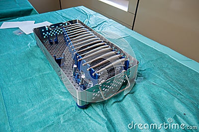 instrument tray contains rasps for a hip prosthesis operation Stock Photo