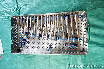 instrument tray contains rasps for a hip prosthesis operation Stock Photo