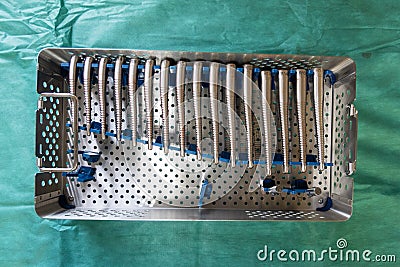 instrument tray contains rasps for a hip prosthesis operation Stock Photo