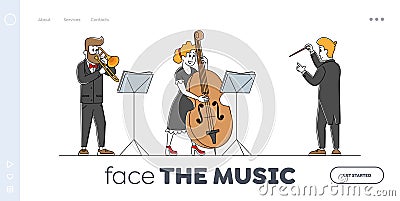 Instrumental Ensemble Landing Page Template. Symphony Orchestra Musicians with Instruments and Conductor Vector Illustration