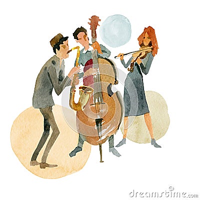 Instrumental jazz trio consisting of double bass, violin and saxophone Cartoon Illustration