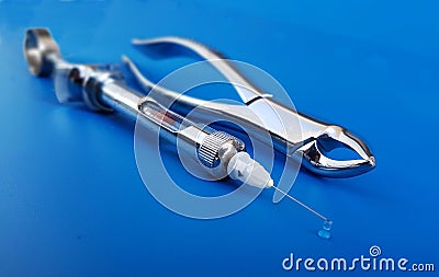 Instrumental of surgery and anesthesia in dentistry: syringe, anesthesia and needle. Stock Photo