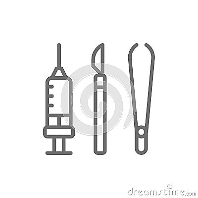 Instruments for surgery, medical scalpel, tweezers, clamp and syringe line icon. Vector Illustration
