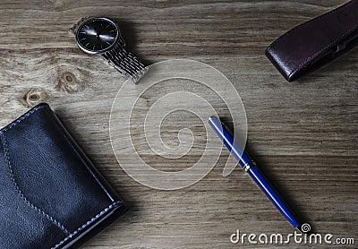 Work accessories placed on wooden desk. Stock Photo