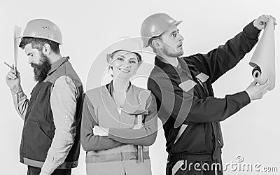 Insubordination concept. Inspector disappointed about employee, builder. Stock Photo