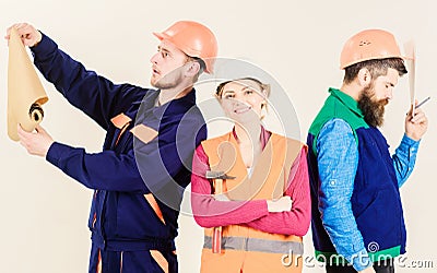 Insubordination concept. Inspector disappointed about employee, builder. Stock Photo