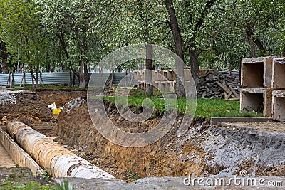 Insulated steel pipes for underground district heating. Stock Photo
