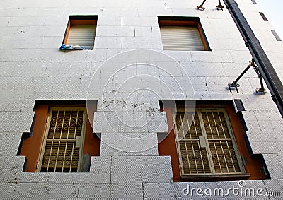 Insulating panels of molded expanded polystyrene for construction of external thermal insulation. Stock Photo