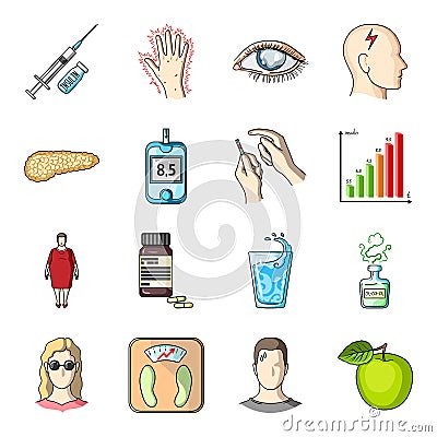 Insulin, sugar, level, analysis, diet and other attributes. Diabetes set collection icons in cartoon style vector symbol Vector Illustration