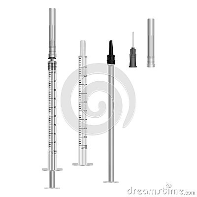 Insulin syringe 0.5 ml with hypodermic needles on white background, medical single use syringes assembled and disassembled. Vector Vector Illustration