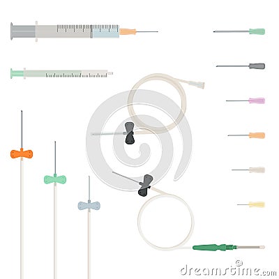 Insulin syringe and syringe with needle. Set of needles for syringe.Butterfly needle, catheters with luer lock adapter. Vector Illustration