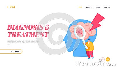 Insult Disease Symptoms, Neuroscience Landing Page Template. Tiny Male Character Holding Magnifying Glass Vector Illustration