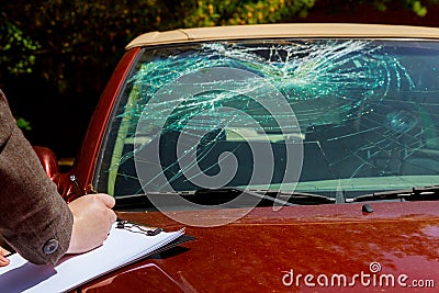 Insurance agent estimates the cost of damaged car after clash with a deer Stock Photo
