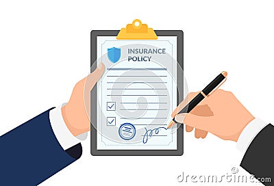 Insurance agent hand holding clipboard with policy form and businessman signs agreement protection document. Make deal Vector Illustration