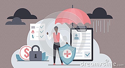 Insurance business agreement, life and health protection, person with umbrella and shield Vector Illustration