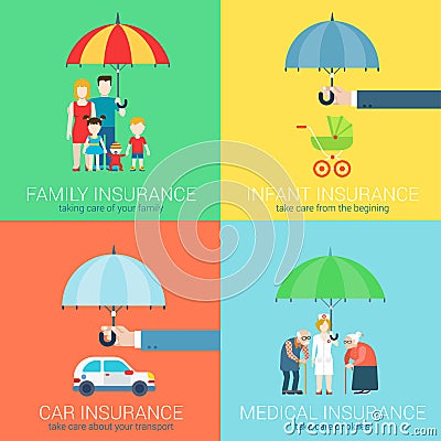 4-in-1 insurance business modern flat set concept icons Vector Illustration