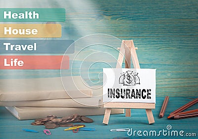 Insurance, business and strategic concept. notice board by the books and money, and notifications Stock Photo