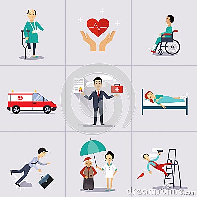 Insurance Character and Icons Template. Vector Vector Illustration