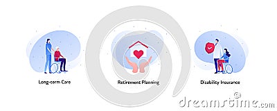 Insurance color icon collection. Retirement planning and disability concept. Vector flat Illustration set. Nurse and senior in Vector Illustration