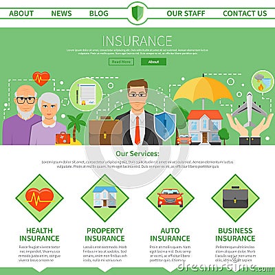 Insurance Company One Page Flat Design Vector Illustration