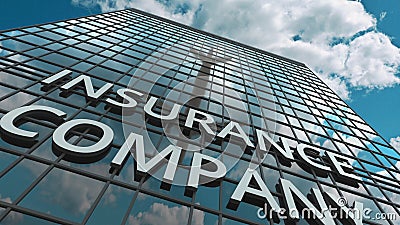 INSURANCE COMPANY signboard on a modern skyscraper reflecting flying airplane. 3D rendering Stock Photo