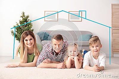 Insurance concept. Contour of house around happy family Stock Photo