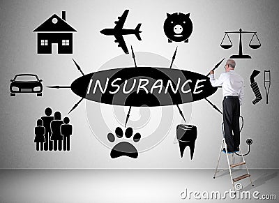 Insurance concept drawn by a man on a ladder Stock Photo