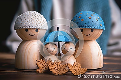 Insurance concept Wooden dolls and icons for safety, protection, and risk reduction Stock Photo