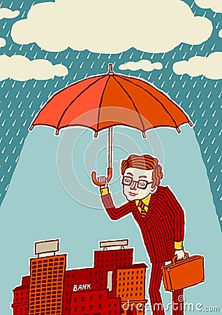 Insurance. Crisis management. A man with an umbrella protects the city. Vector Illustration