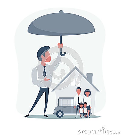 Insurance Home House Life Car. Concept of insurance with umbrella over a house, a car and a family Cartoon Illustration