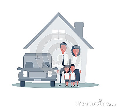 Insurance Home House Life Car Protection. Protect Concepts. Family infront of House with Car. Vector Illustration