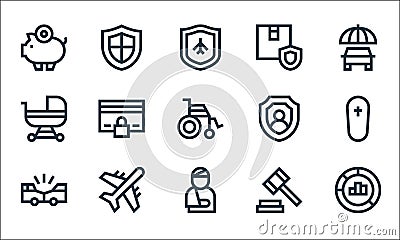 insurance line icons. linear set. quality vector line set such as graphic, injury, car crash, justice, plane, baby stroller, Vector Illustration