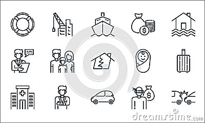 insurance line icons. linear set. quality vector line set such as accident, vehicles, hospital facility, robbery, healthy care, Vector Illustration