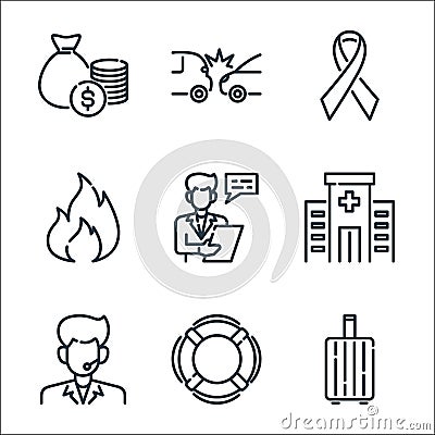 insurance line icons. linear set. quality vector line set such as travel baggage, lifebuoy, customer service, hospital facility, Vector Illustration